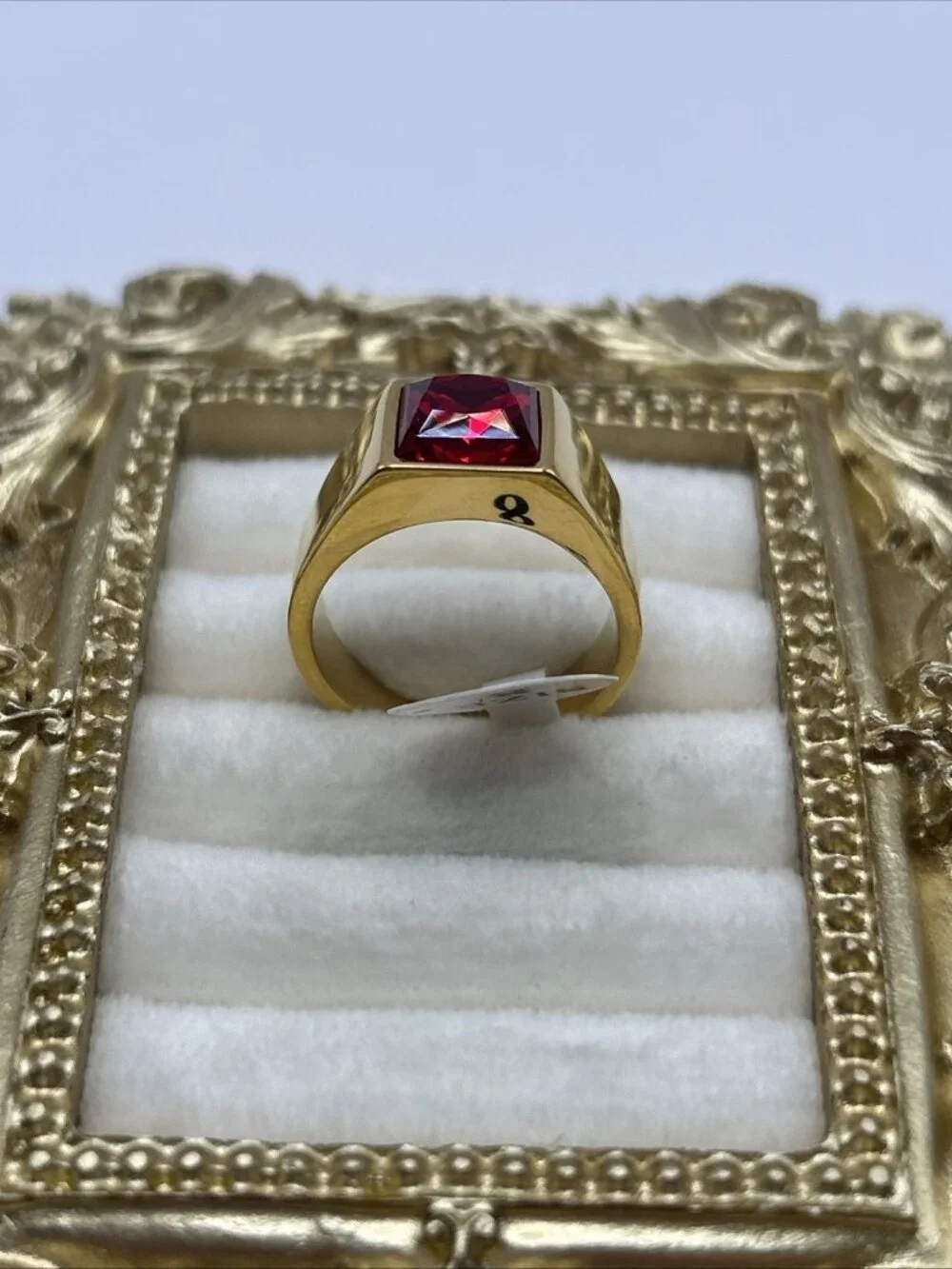 Vintage Gold Tone Signet Ring Red Rhinestone Square Size 8 NOS Mens Unisex